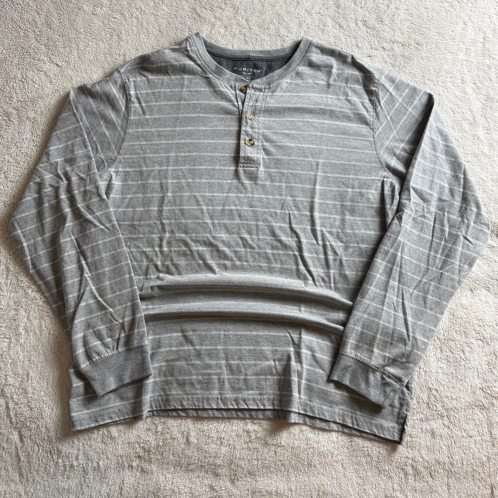 Puritan Grey White Stripe Long Sleeve Henley Mens XL